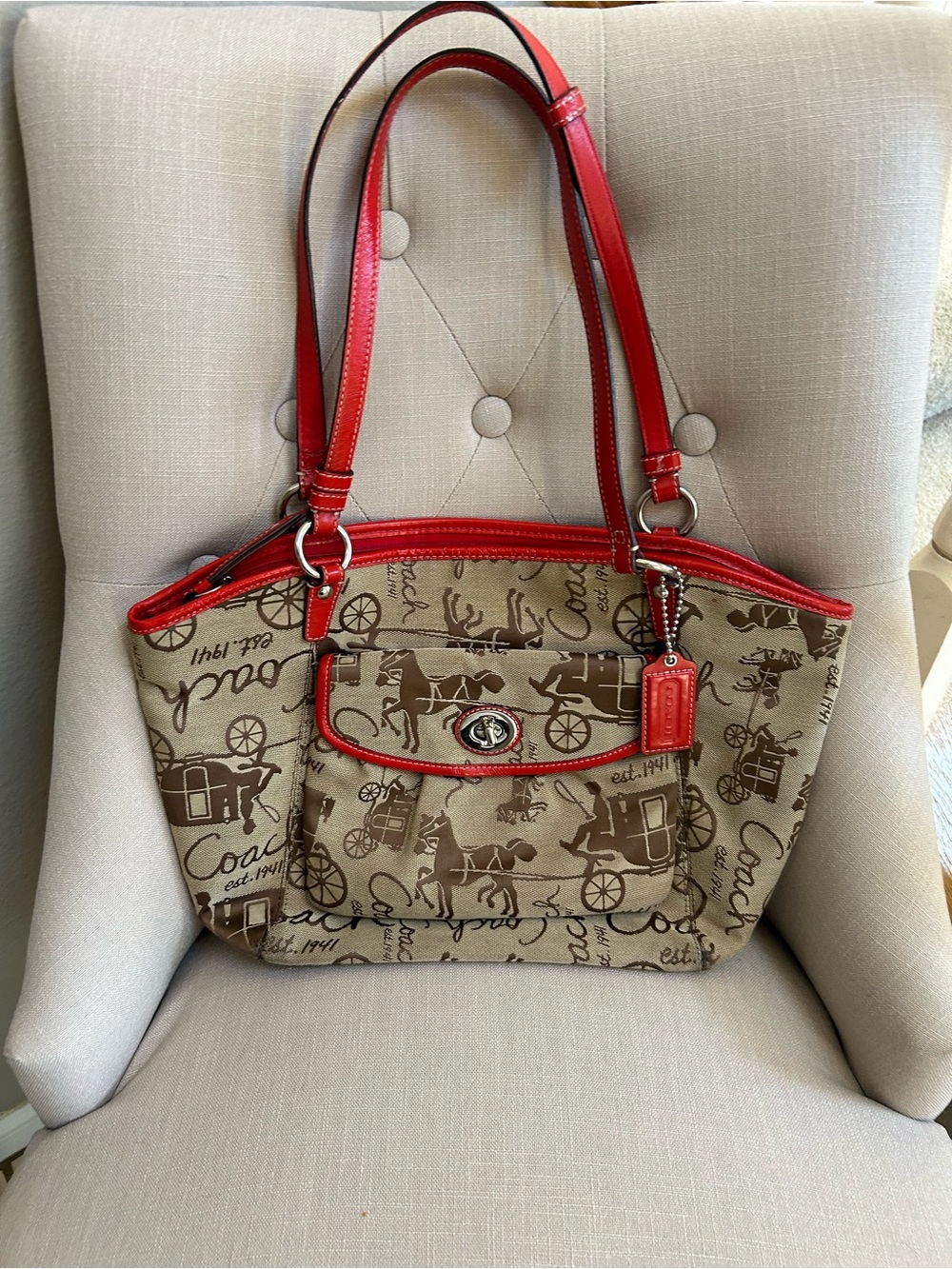 Coach Beige Signature Canvas Shoulder Bag with Red Trim